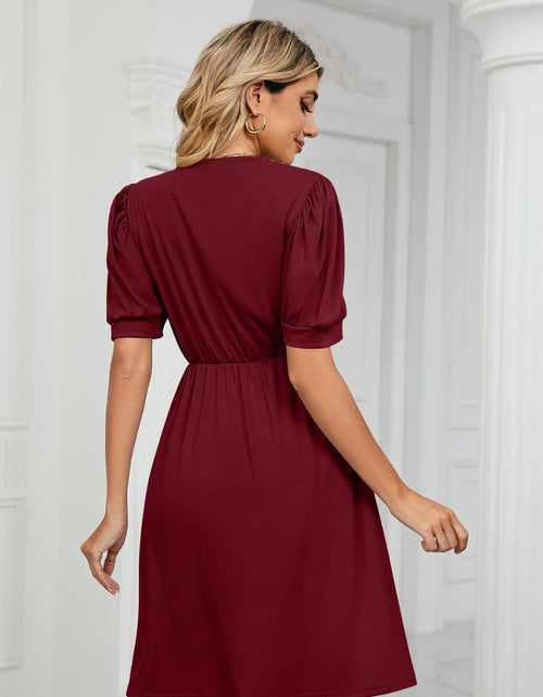 Load image into Gallery viewer, Contrast V-Neck Puff Sleeve Pocket Dress
