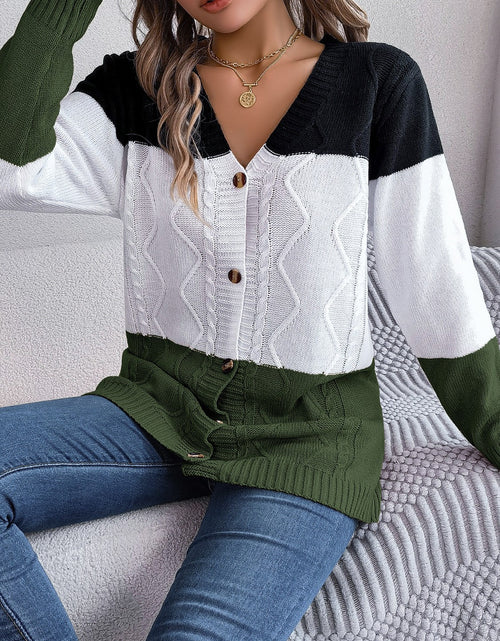 Load image into Gallery viewer, Cable-Knit Striped Button Up Cardigan
