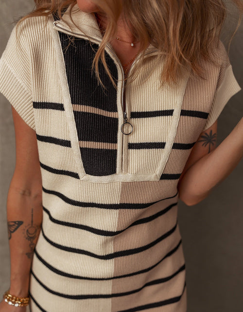Load image into Gallery viewer, Striped Quarter Zip Cap Sleeve Sweater Dress

