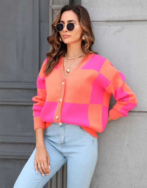 Load image into Gallery viewer, Angel Wings Plaid V-Neck Dropped Shoulder Cardigan
