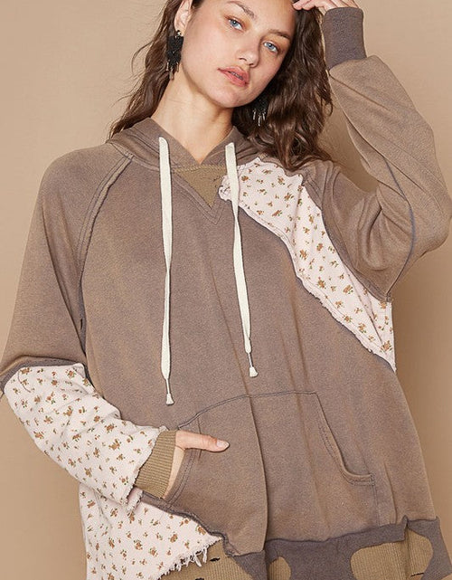 Load image into Gallery viewer, POL Floral Patchwork Distressed Drawstring Hoodie

