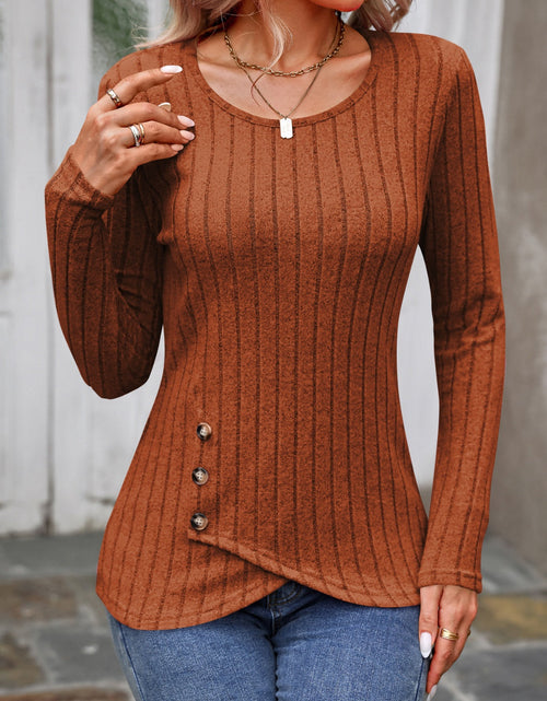 Load image into Gallery viewer, Decorative Button Round Neck Long Sleeve T-Shirt
