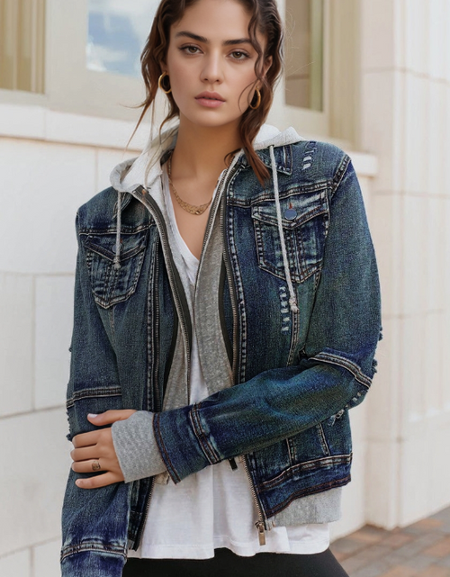 Load image into Gallery viewer, Fake Two-Piece Hooded Zip-Up Denim Jacket
