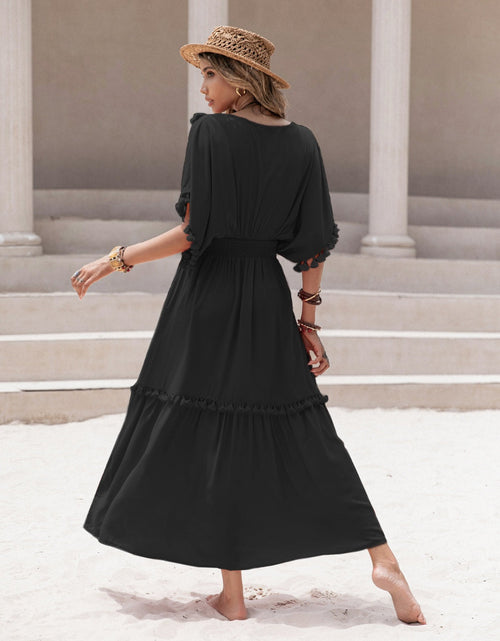 Load image into Gallery viewer, Tassel Trim Smocked V-Neck Short Sleeve Dress
