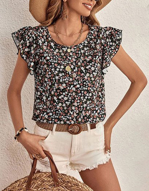 Load image into Gallery viewer, Ditsy Floral Round Neck Cap Sleeve Top
