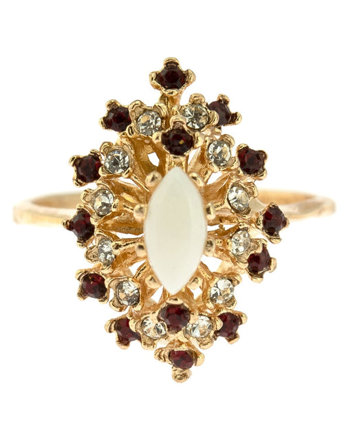 Load image into Gallery viewer, Vintage Ring Genuine Opal with Clear and Ruby Austrian Crystals 18kt Yellow Gold Electroplated by PVD Vintage Jewelry
