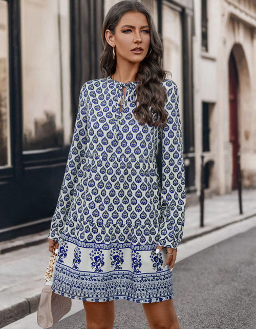 Load image into Gallery viewer, Printed Tie Neck Long Sleeve Dress
