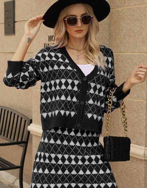 Load image into Gallery viewer, Geometric Dropped Shoulder Cardigan and Knit Skirt Set
