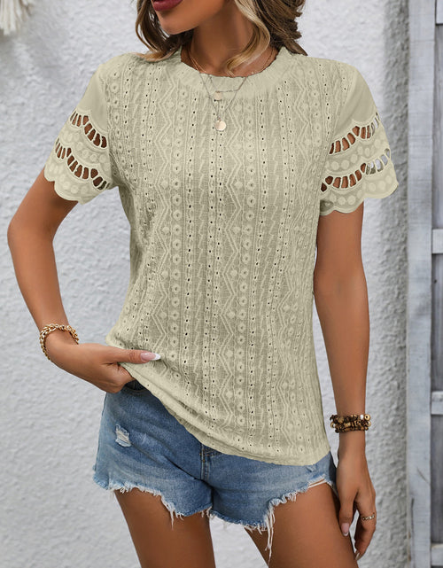 Load image into Gallery viewer, Full Size Eyelet Round Neck Short Sleeve Top
