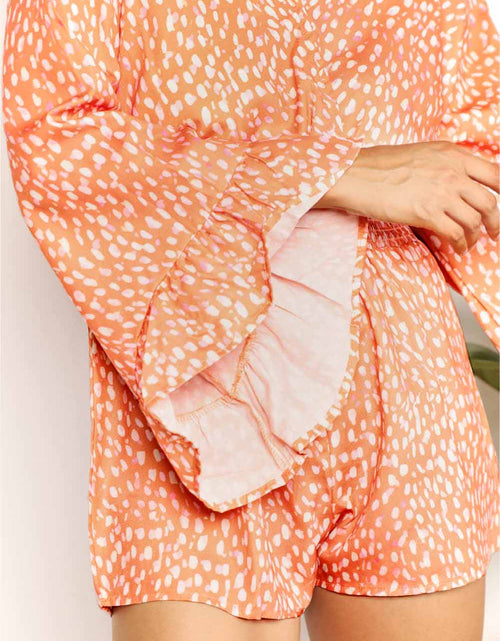 Load image into Gallery viewer, Double Take Printed Flare Sleeve Surplice Romper
