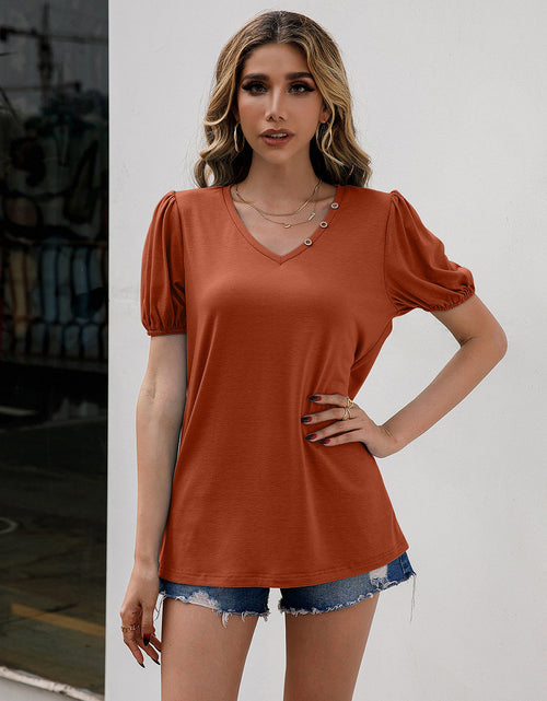 Load image into Gallery viewer, Ivy Lane V-Neck Decorative Buttons Puff Sleeve Tee
