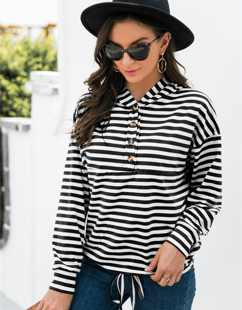 Load image into Gallery viewer, Striped Half-Button Dropped Shoulder Hoodie
