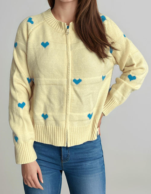 Load image into Gallery viewer, Heart Round Neck Zip Up Cardigan
