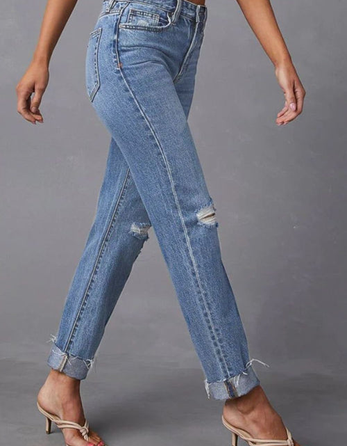 Load image into Gallery viewer, Distressed Raw Hem Straight Jeans with Pockets
