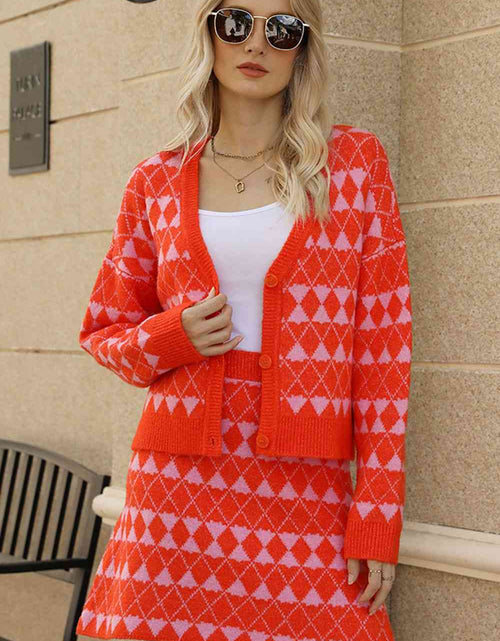 Load image into Gallery viewer, Geometric Dropped Shoulder Cardigan and Knit Skirt Set
