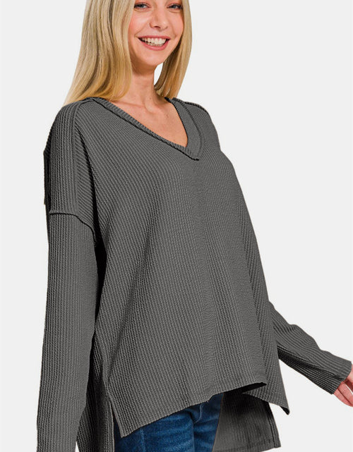 Load image into Gallery viewer, Zenana Texture Exposed Seam V-Neck Long Sleeve T-Shirt
