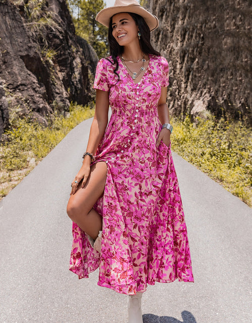 Load image into Gallery viewer, Floral V-Neck Slit Dress
