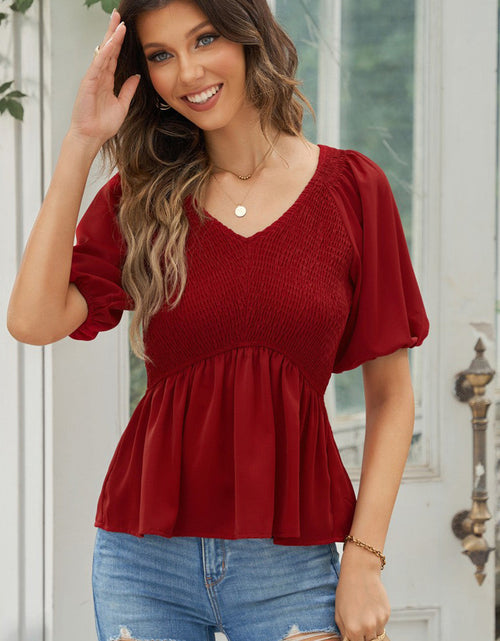 Load image into Gallery viewer, Smocked Balloon Sleeve Peplum Blouse
