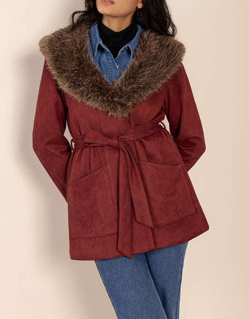 Load image into Gallery viewer, Fuzzy Collared Neck Tie Waist Jacket
