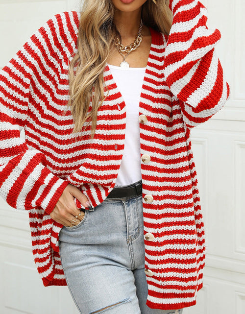 Load image into Gallery viewer, Angel Wings Striped Button Up Long Sleeve Cardigan
