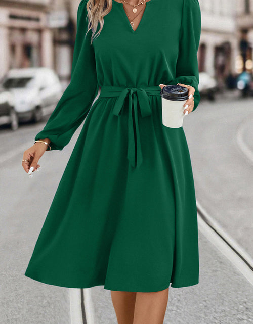 Load image into Gallery viewer, Tie Waist Notched Neck Long Sleeve Dress
