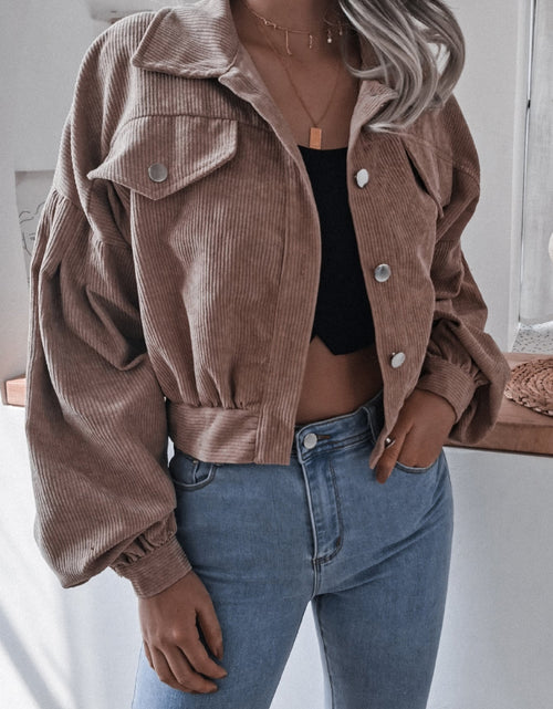 Load image into Gallery viewer, Lantern Sleeve Cropped Corduroy Jacket
