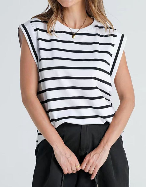 Load image into Gallery viewer, Florira Striped Round Neck Cap Sleeve T-Shirt
