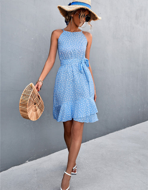 Load image into Gallery viewer, Printed Tie Waist Ruffle Hem Sleeveless Dress

