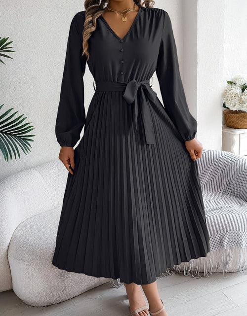 Load image into Gallery viewer, Pleated Tied V-Neck Long Sleeve Dress

