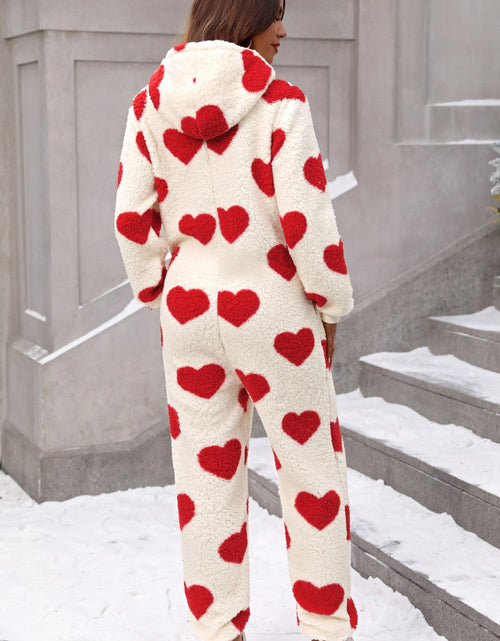 Load image into Gallery viewer, Fuzzy Heart Zip Up Hooded Lounge Jumpsuit
