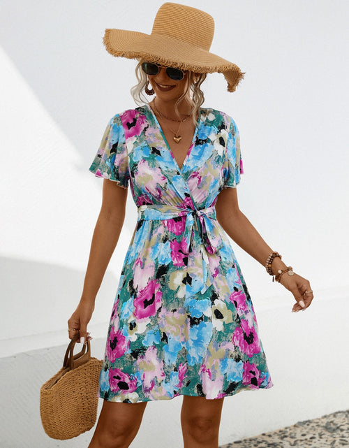 Load image into Gallery viewer, Printed Surplice Tie Waist Mini Dress

