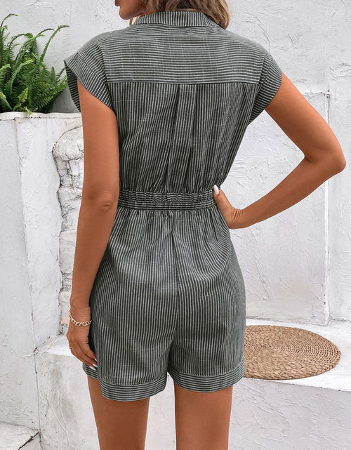 Load image into Gallery viewer, Perfee Striped Notched Tie Waist Romper
