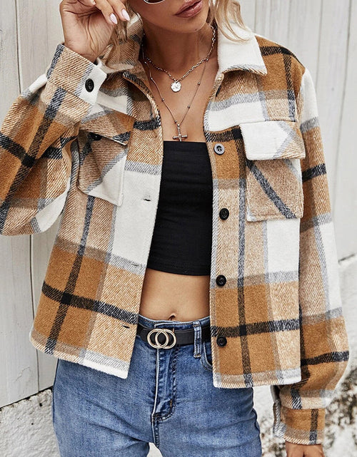 Load image into Gallery viewer, Plaid Collared Neck Jacket with Breast Pockets
