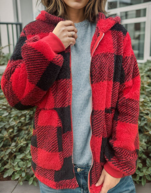 Load image into Gallery viewer, Double Take Full Size Plaid Long Sleeve Hooded Coat
