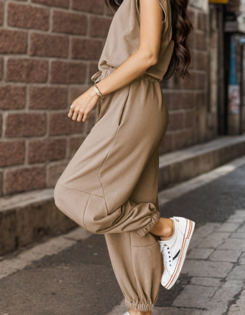 Load image into Gallery viewer, Drawstring Round Neck Cap Sleeve Jumpsuit
