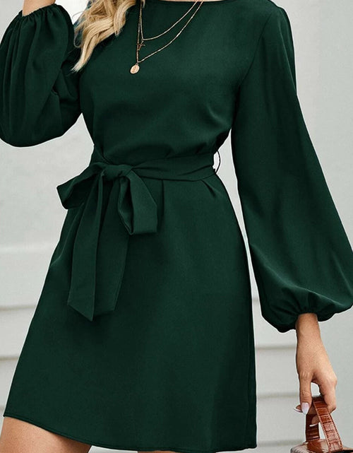 Load image into Gallery viewer, Tied Boat Neck Balloon Sleeve Mini Dress
