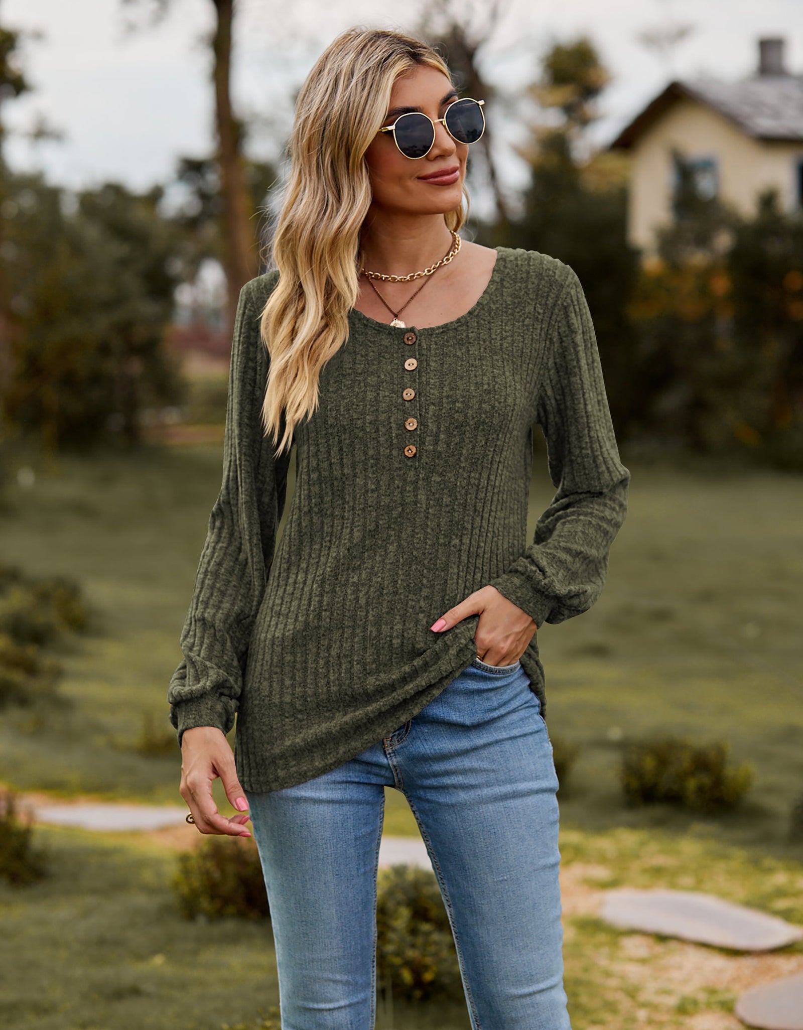 Round Neck Button-Down Long Sleeve Tee
