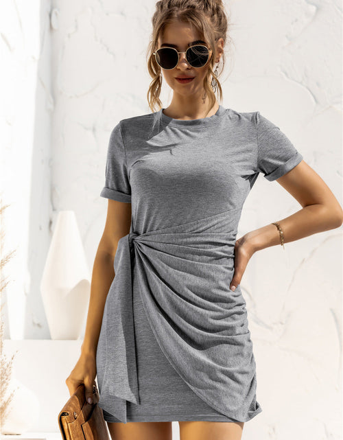 Load image into Gallery viewer, Round Neck Cuffed Sleeve Side Tie Dress
