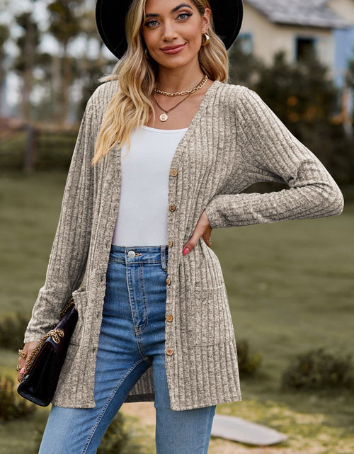 Load image into Gallery viewer, Ribbed Button-Up Cardigan with Pockets

