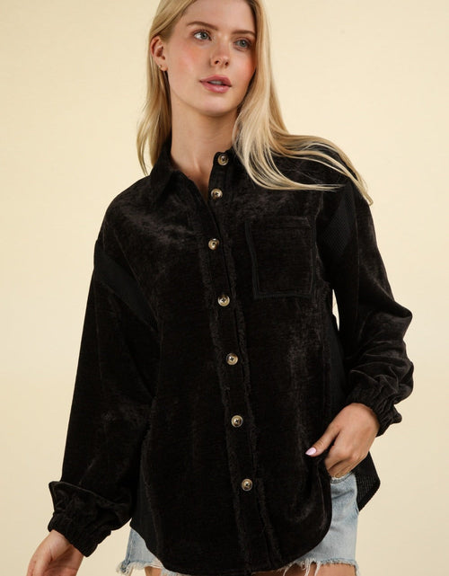 Load image into Gallery viewer, VERY J Mixed Media Button Down Raw Hem Shacket
