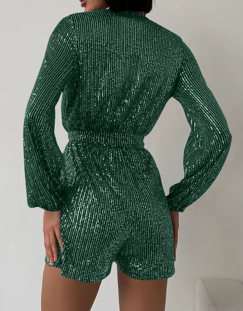 Load image into Gallery viewer, Full Size Sequin Surplice Tie Waist Long Sleeve Romper
