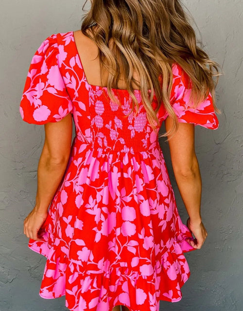 Load image into Gallery viewer, Floral Puff Sleeve Sweetheart Neck Ruffled Mini Dress
