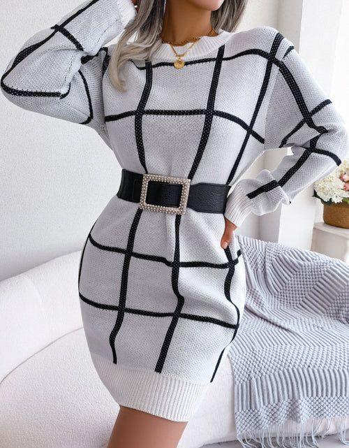 Load image into Gallery viewer, Plaid Round Neck Dropped Shoulder Sweater Dress
