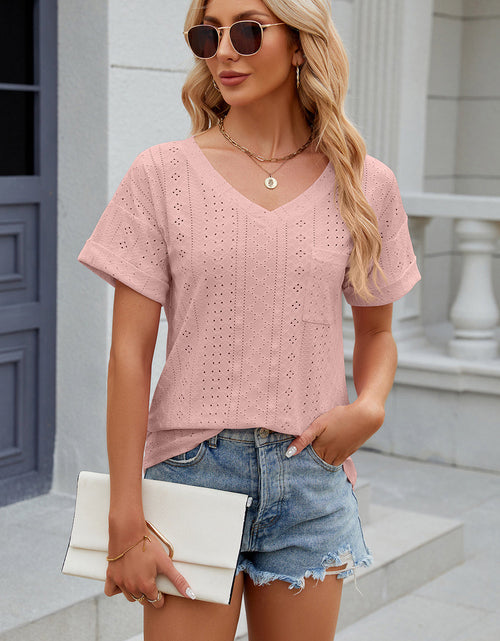 Load image into Gallery viewer, Eyelet V-Neck Short Sleeve T-Shirt
