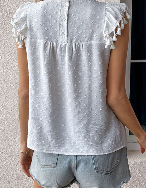 Load image into Gallery viewer, Perfee Swiss Dot Tassel Detail Round Neck Blouse
