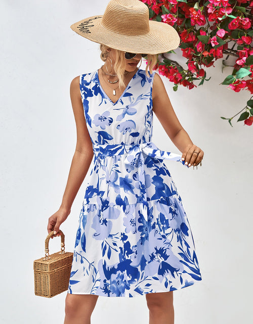 Load image into Gallery viewer, Floral V-Neck Tie Waist Sleeveless Dress
