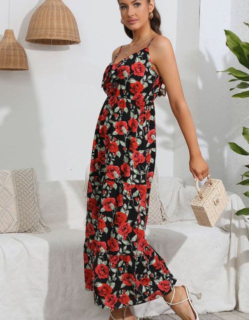 Load image into Gallery viewer, Rose Print Spaghetti Strap Sweetheart Neck Dress
