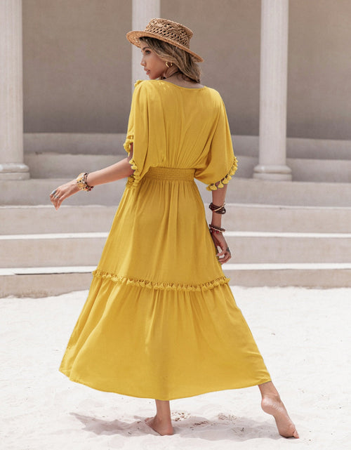 Load image into Gallery viewer, Tassel Trim Smocked V-Neck Short Sleeve Dress
