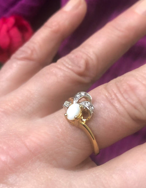 Load image into Gallery viewer, Vintage Genuine Jelly Opal and Clear Austrian Crystal Ring 18k Yellow Gold Electroplated Made in the USA by PVD Vintage Jewelry
