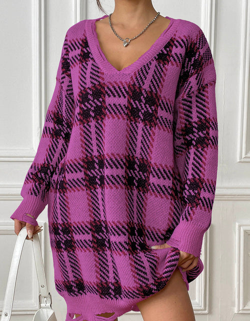 Load image into Gallery viewer, Plaid V-Neck Long Sleeve Sweater Dress
